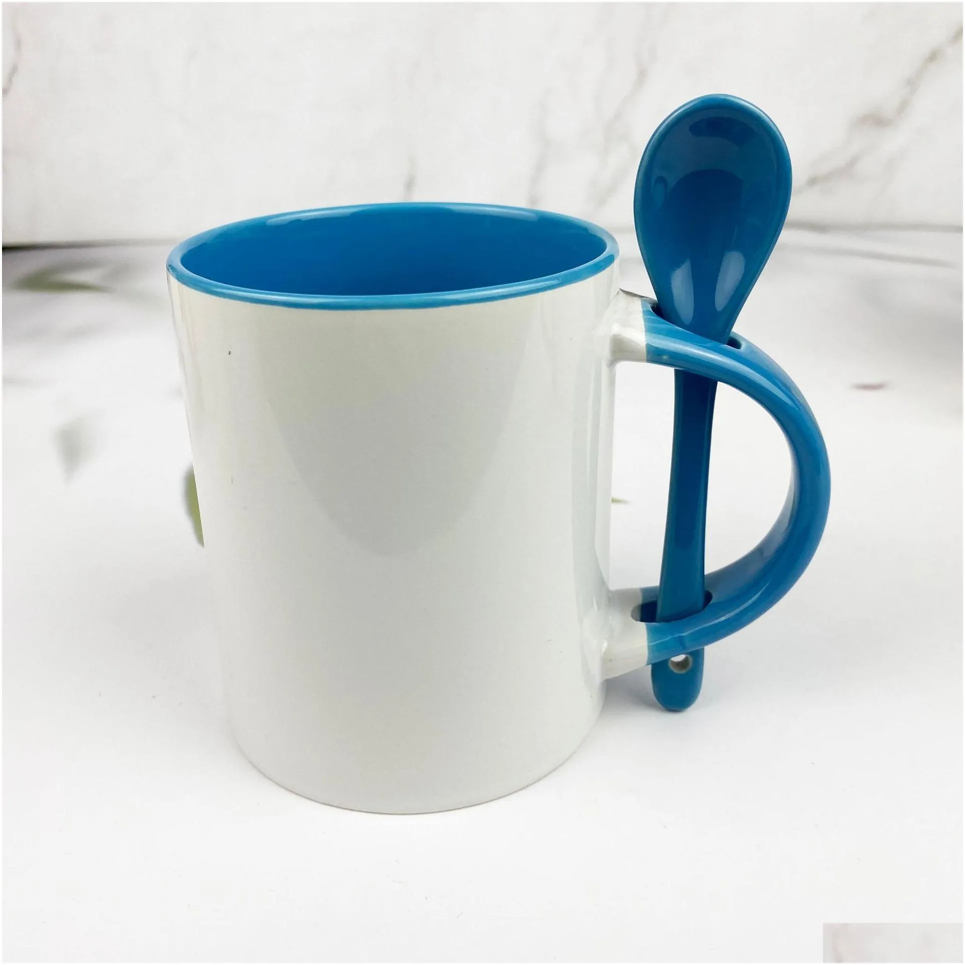 USA Local Warehouse 11oz sublimation ceramic mug with spoon blank white coffee mugs heat transfer inner colored cup with handle individual box