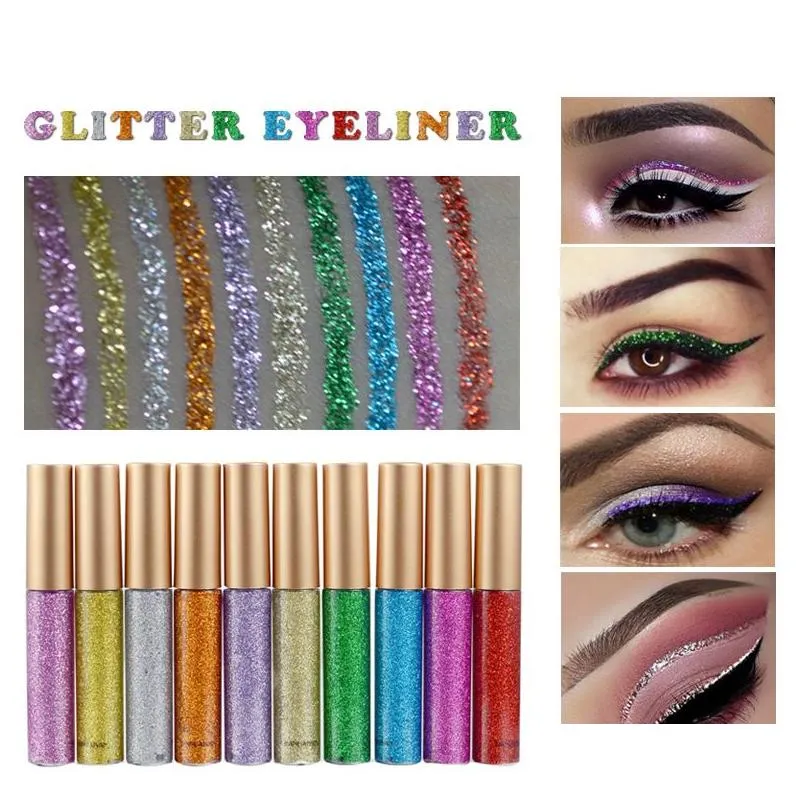 Handaiyan 10 Colored Liquid Eyeliner Glitter Liner Colorful Sequins Shiny Easy to Wear Long Last Makeup Eyeiners