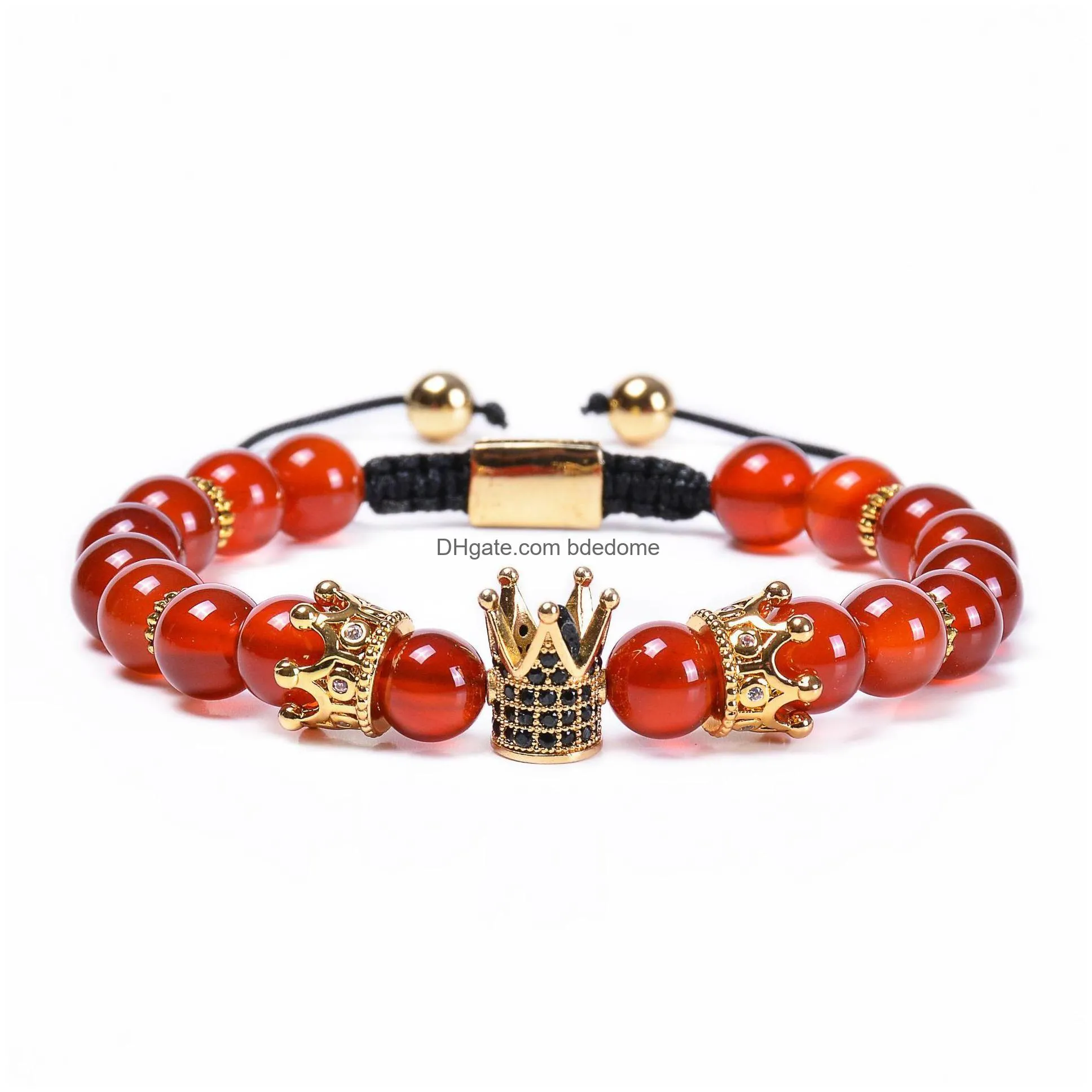 copper micro-inlaid zircon crown bracelets braided natural stone red agate bracelet bead adjustable strand bracelet for women men fashion jewelry will and