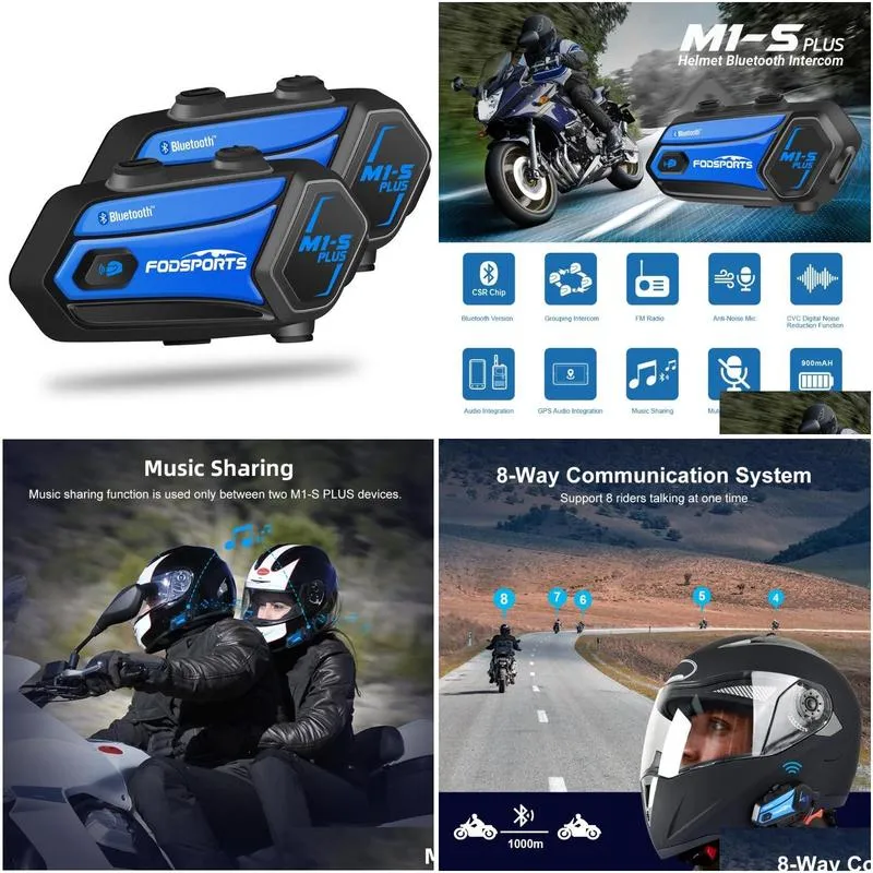 Fodsports 2 pcs M1-S Plus intercom motorcycle helmet intercom bluetooth headset 8 riders wireless interphone FM music sharing