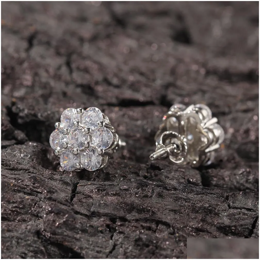 hip hop claw setting cz stone bling ice out plum blossom flower stud earring for women men unisex rapper jewelry9202351