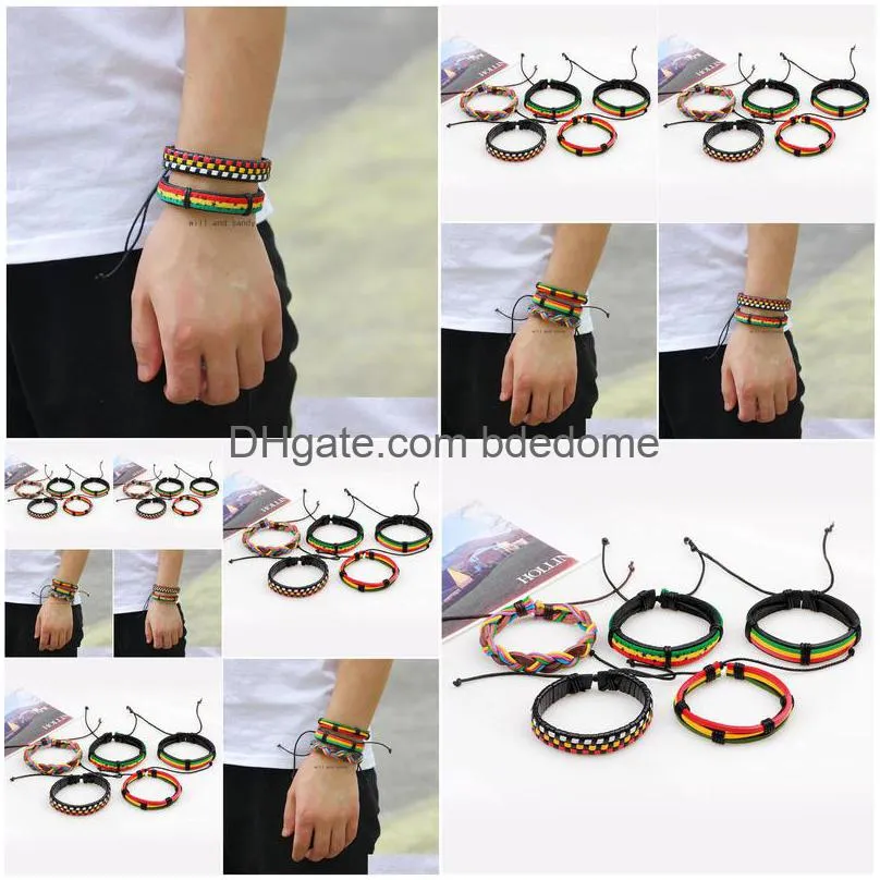 women men multilayer rainbow leather bracelet adjustable hiphop jewelry set vintage 5pcs/set braided bracelets bangle cuff fashion jewelry will and