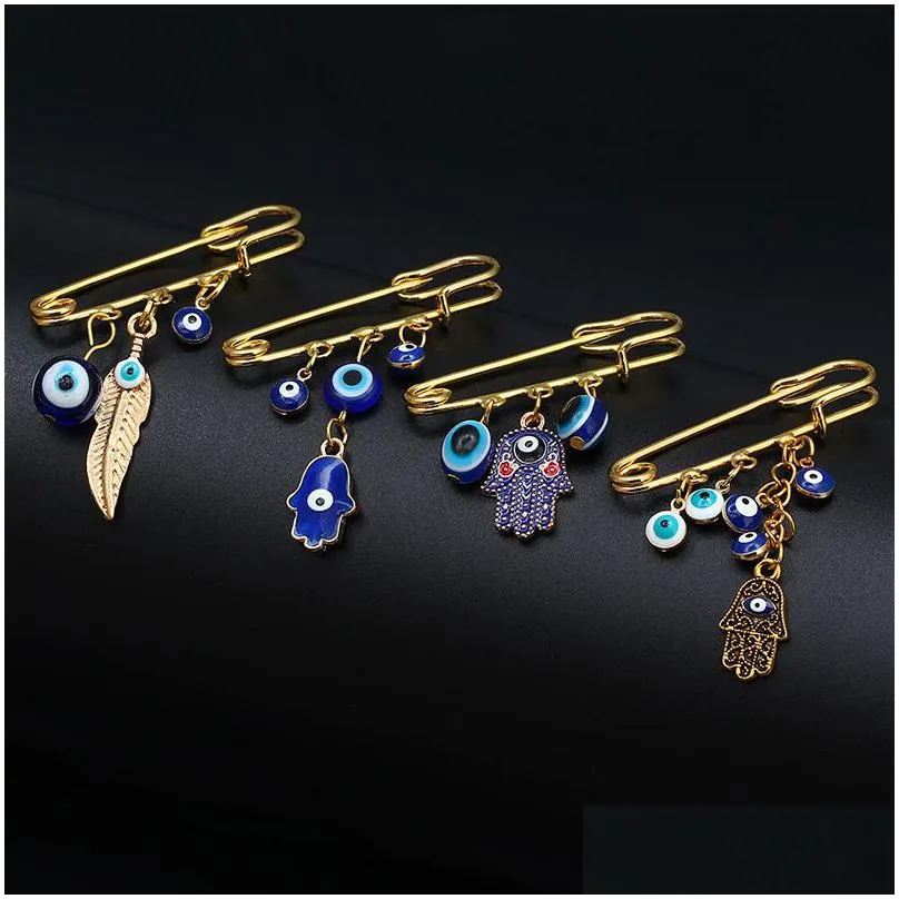 lucky eye blue turkish evil eyes brooches pin for women men fashion gold silver color dropping oil palm charm brooch jewelry