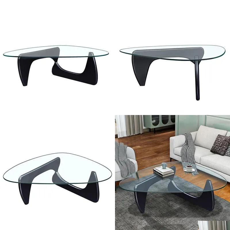 black coffee table triangle glass solid wood base fit living room