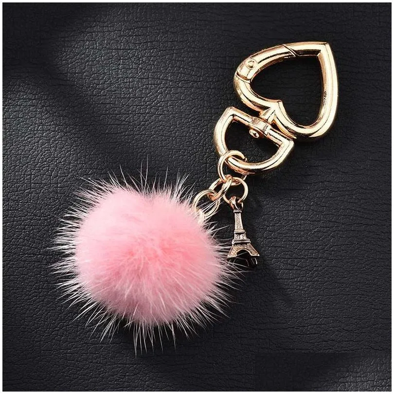 fur ball heart key chain with iron tower charm for women bag keyring holder jewelry pendant