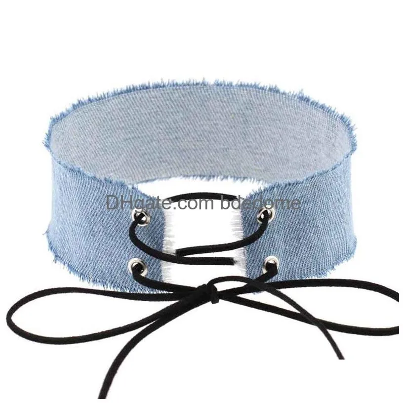 street style lace bandage adjustable necklace denim jeans wide choker necklaces neckband collar for women girls fashion jewelry will and