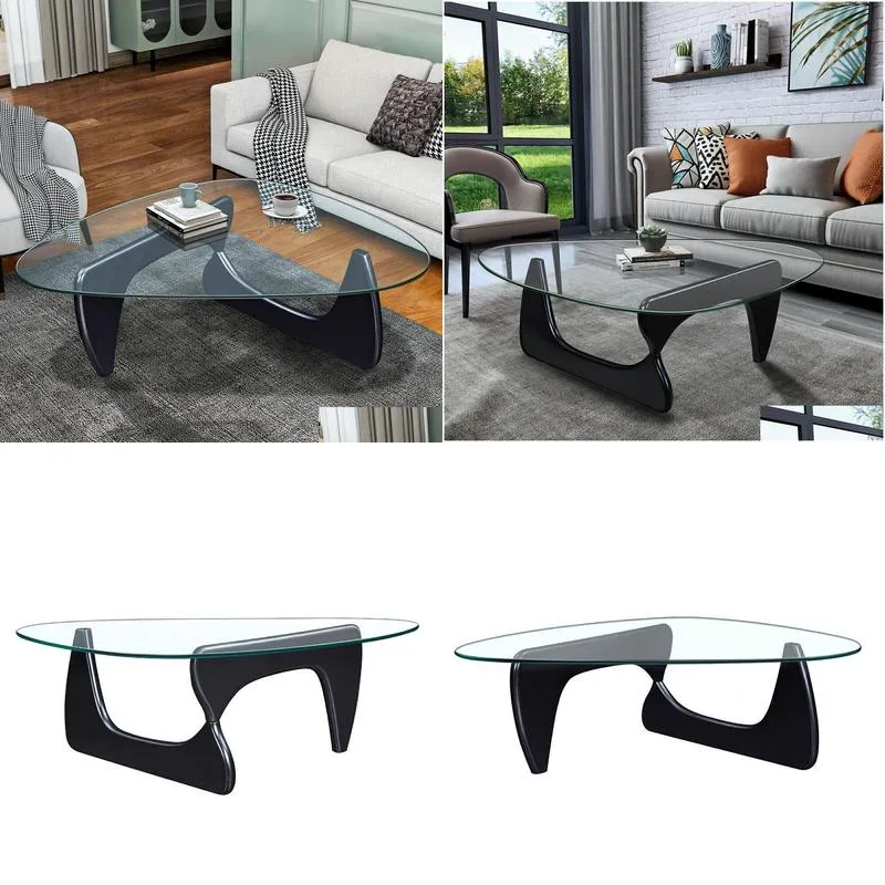 black coffee table triangle glass solid wood base fit living room