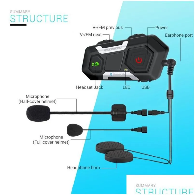 HEROBIKER Motorcycle Helmet Intercom Waterproof Wireless Bluetooth Intercom Motorcycle Headset Interphone For 3 Rides 1200M1