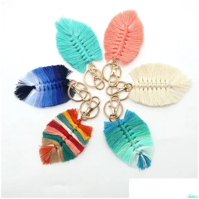 leaf weaving rainbow keychains for women boho handmade key holder keyring macrame bag charm car hanging jewelry