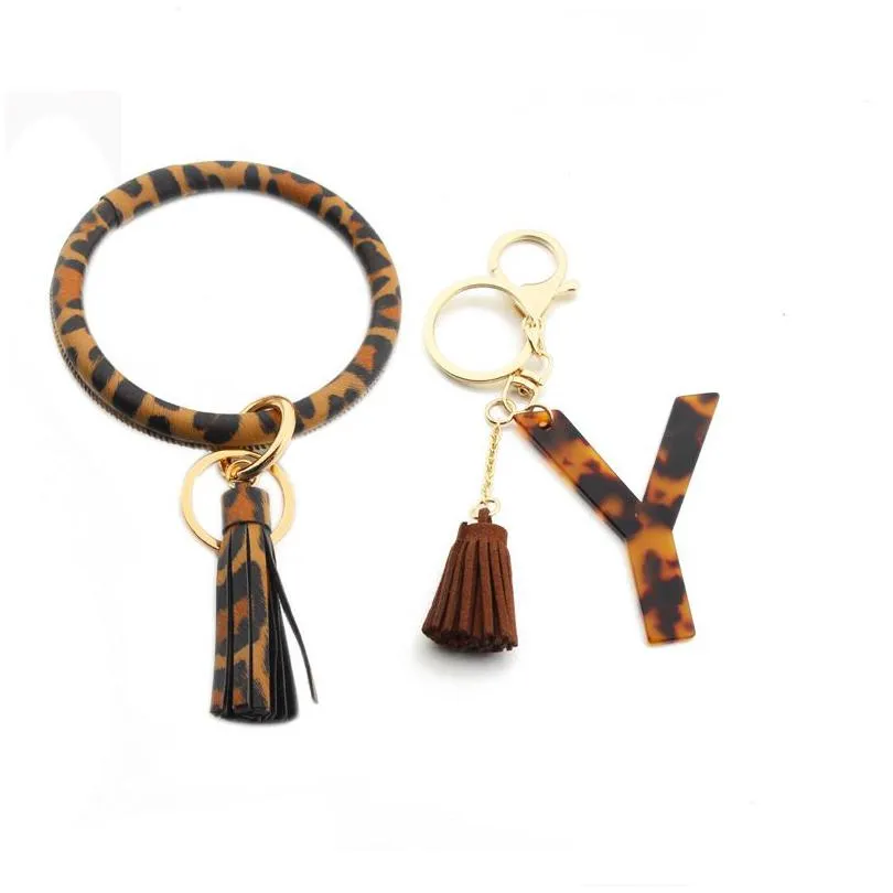 keychain bracelet tassel classic leopard print a-z initial acetate pendant bangle exaggerated big round keyrings wrist strap