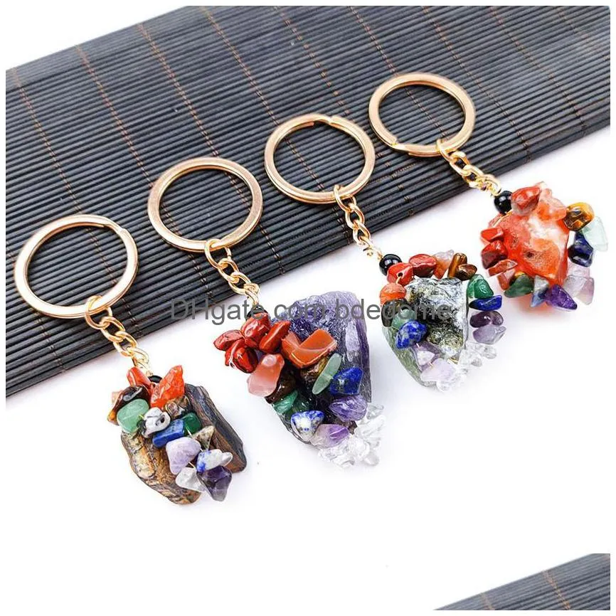 irregular folk crafts gemstone natural stone key ring quartz rough raw amethyst tiger eye crystal keychain agate meditation pendant hangbag hangs fashion