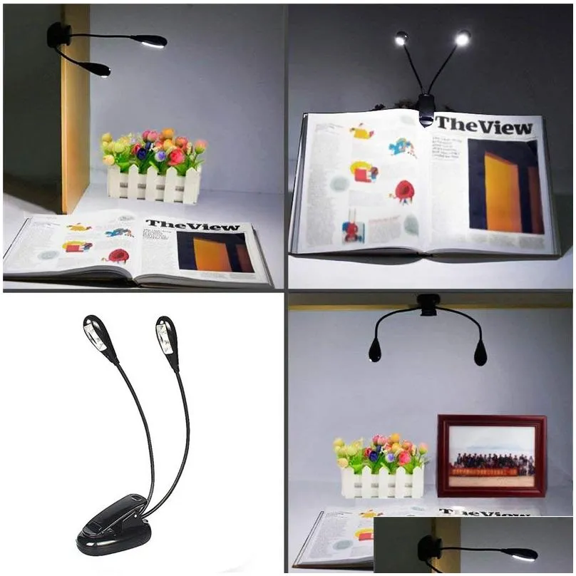 LED Clip Book Light Music Stand Lighting Double Head USB 4 LEDs Reading Lamp for Table Headboard and Computer