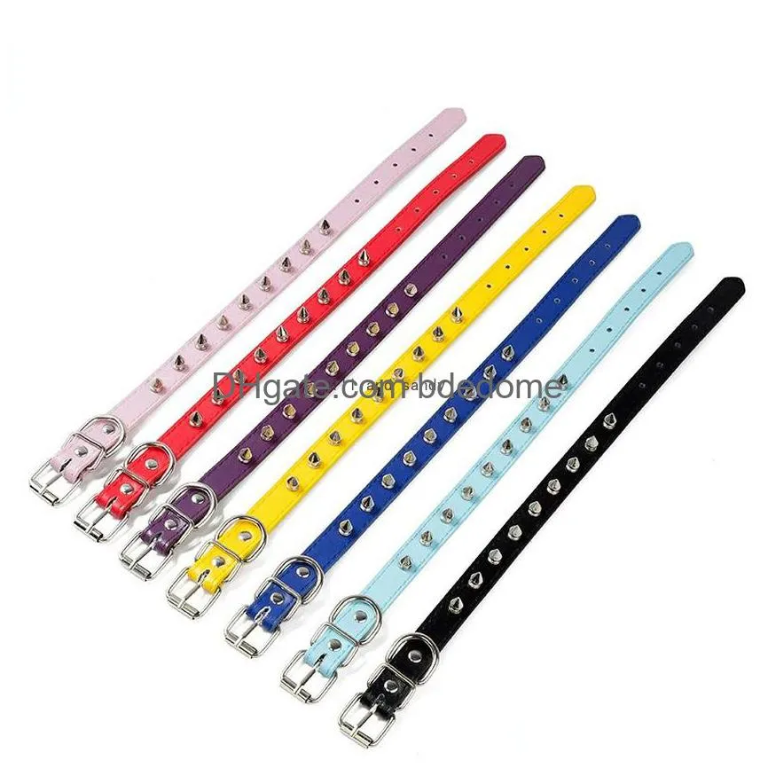 rivet nail avoid bite dog collar candy colors pu leather leash collars pet puppy supplies red blue black blue