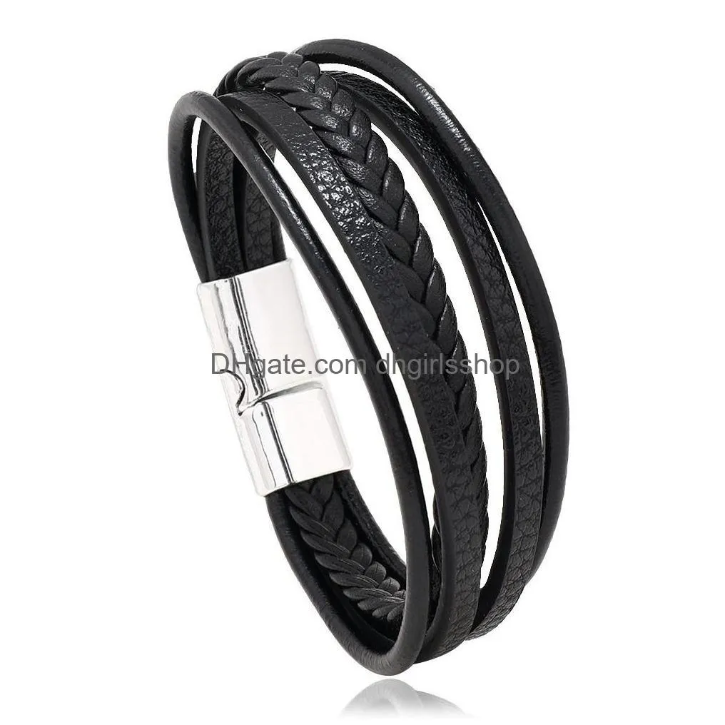 pu leather braided wrap charm bracelets for men vintage handmade bracelet for women ethnic magnet buckle wristbands