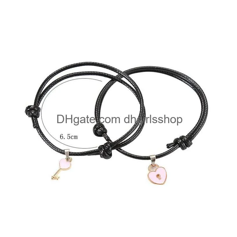 couple trendy bracelet for friend lock key design black color rope bracelet wholesale jewelry 2 pcs set