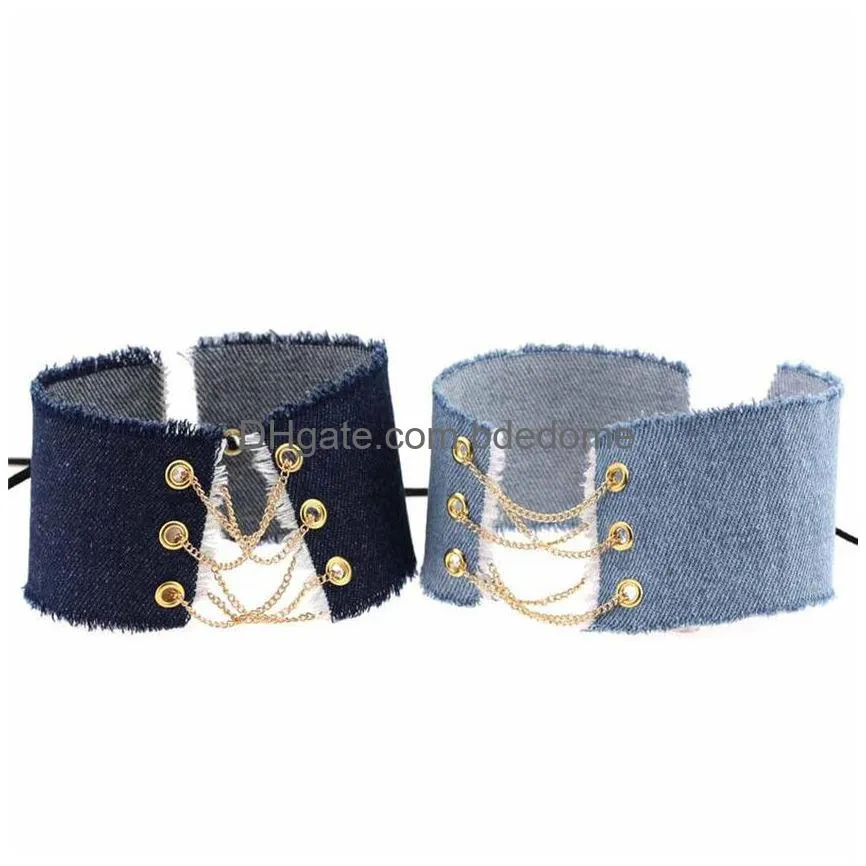 blue jeans denim chokers necklace collar wide multilayer chains lace adjustable necklaces neck band for women grils party nightclub fashion jewelry will and