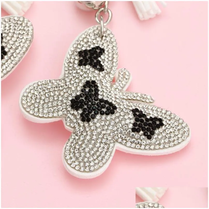 rhinestone butterfly velvet charm pendant fringe key rings car tassel bag keychains romantic dazzling 80x65mm