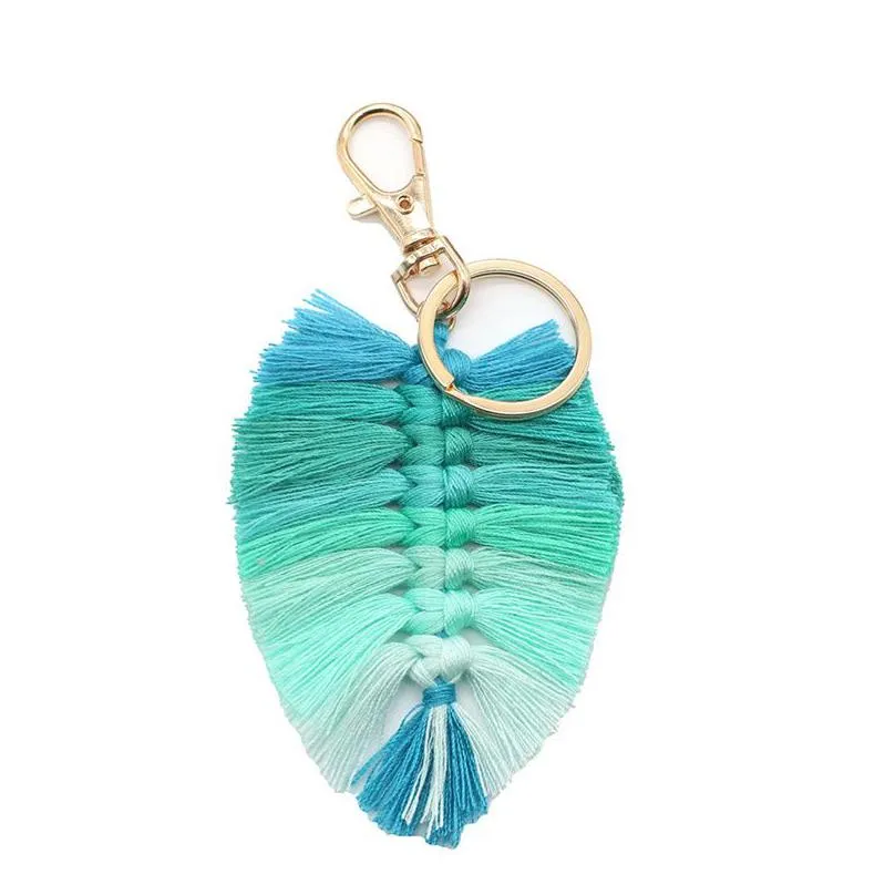 leaf weaving rainbow keychains for women boho handmade key holder keyring macrame bag charm car hanging jewelry 6 colors dhl