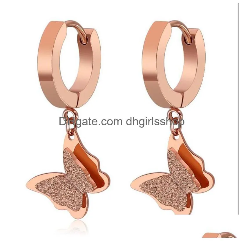 stainless steel rose gold butterfly hoop earrings for women fashion earrings jewelry double matte huggie pendants gift 1 pair