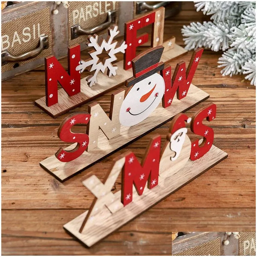 New Christmas Wooden Letter Decorations Santa Claus Printed Desktop Ornaments Plywood Home Decors Ornaments A07