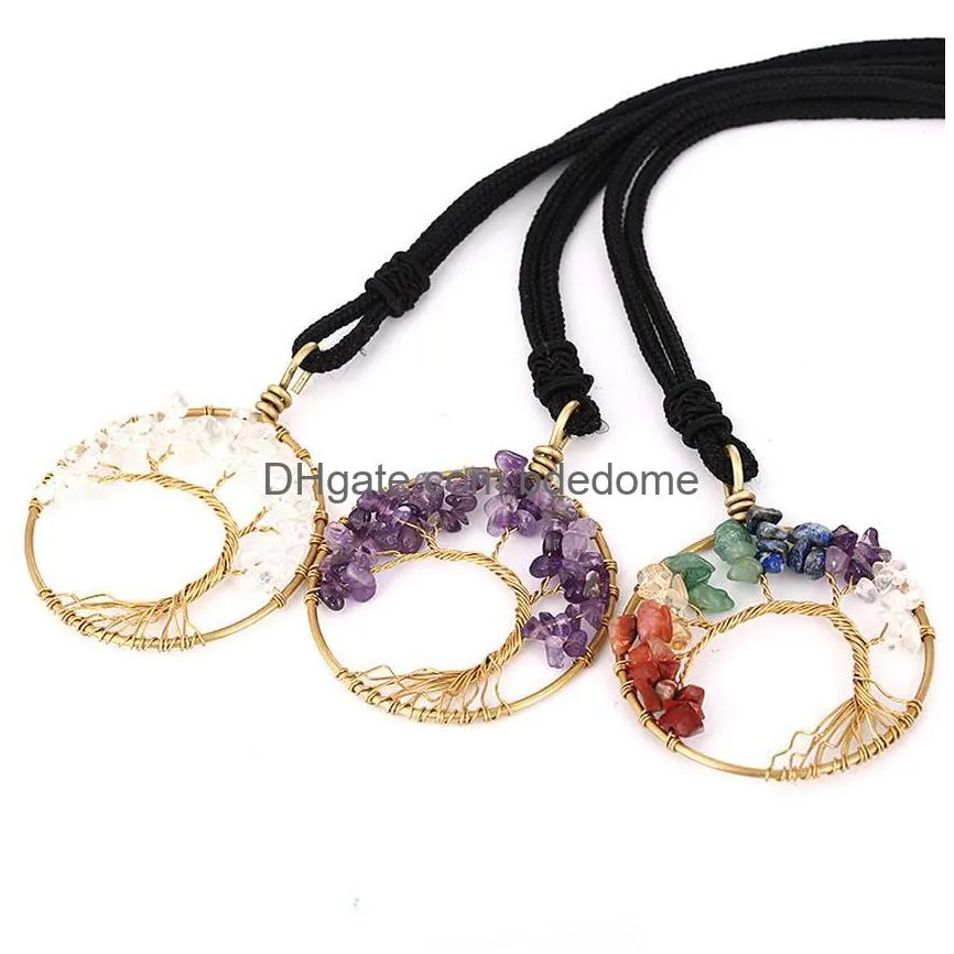 yoga natural stone crystal chakra tree of life necklace fashion jewelry amethyst clear quartz lapis pendants gemstone necklaces will and