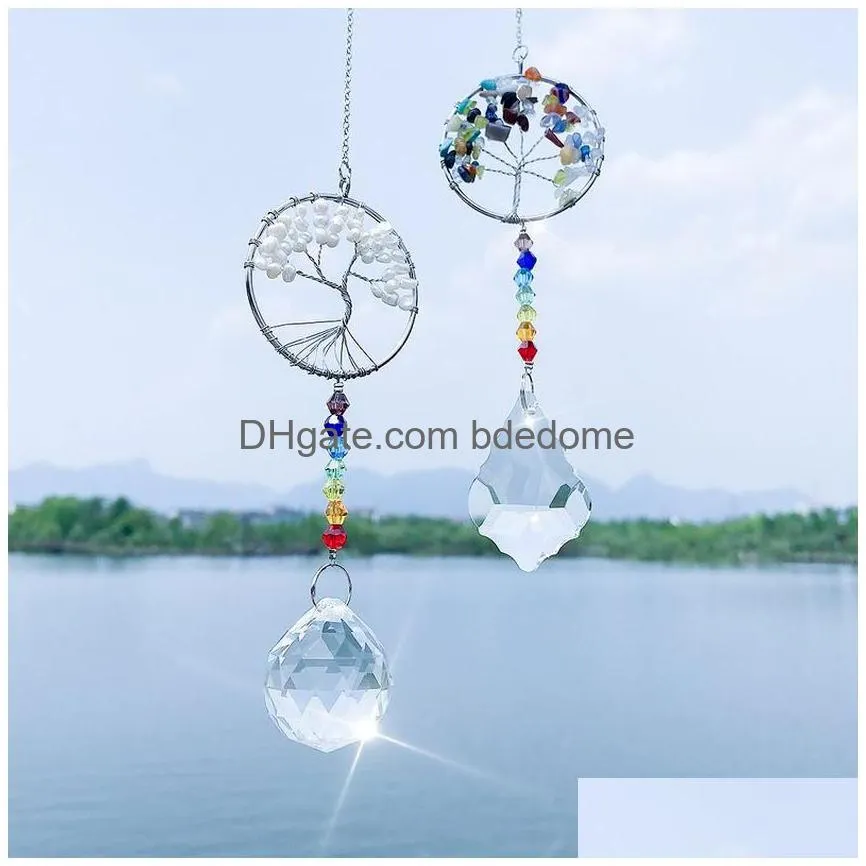 tree of life 7 chakra crystal ball window wall hanging pendant chandelier wedding home decor christmas prism ornaments