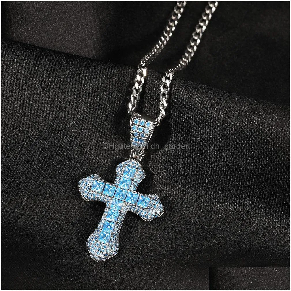 blue red zircon cross necklace fashion mens gold necklace hip hop iced out pendant necklaces jewelry