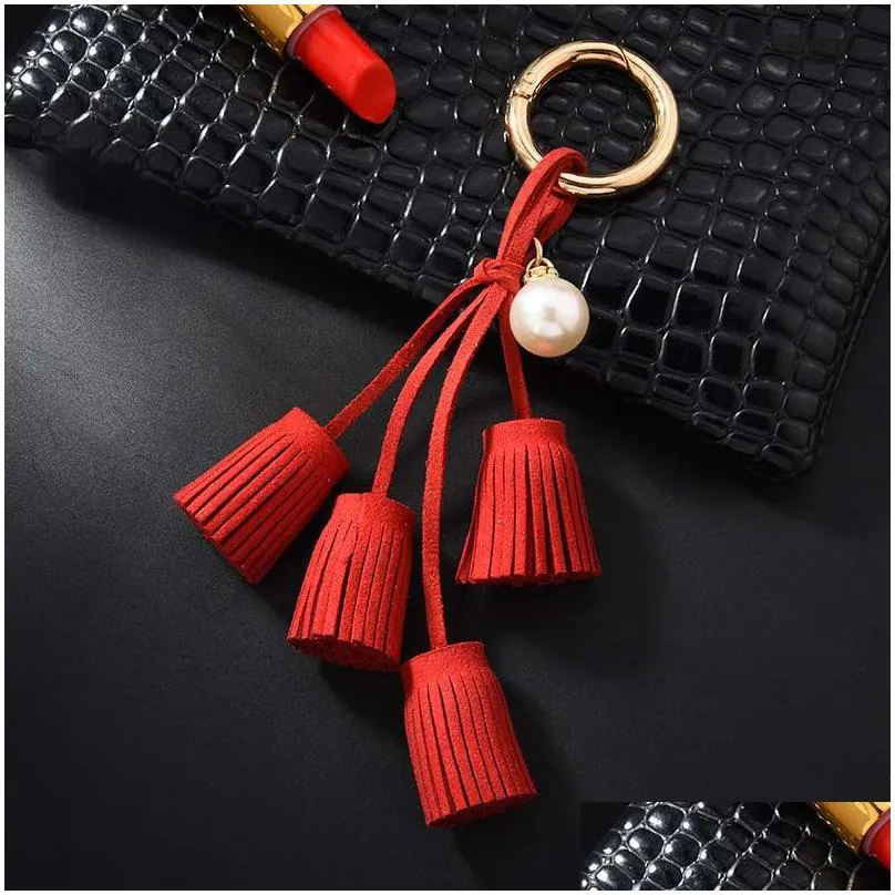 korean velvet tassel keychain leather pearl pendant car ornaments female key chain plush bag accessories 12 styles