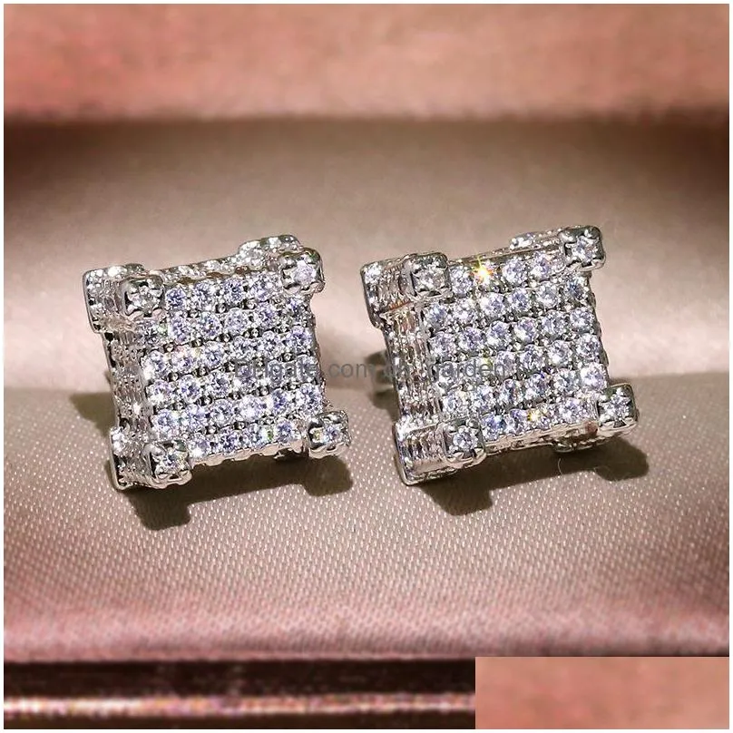 men women gold stud earrings hip hop jewelry cz simulated diamond silver fashion square earring