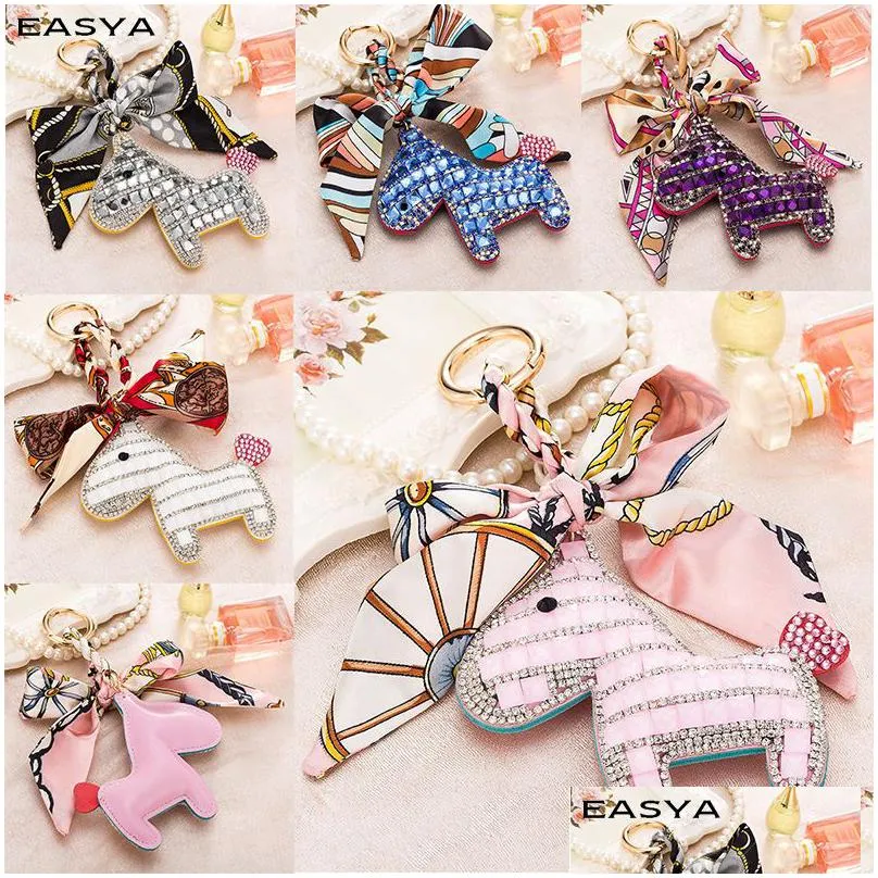 crystal little horse bowknot keychain women bag pendant charm silk scarves keyrings buckle key ring holder