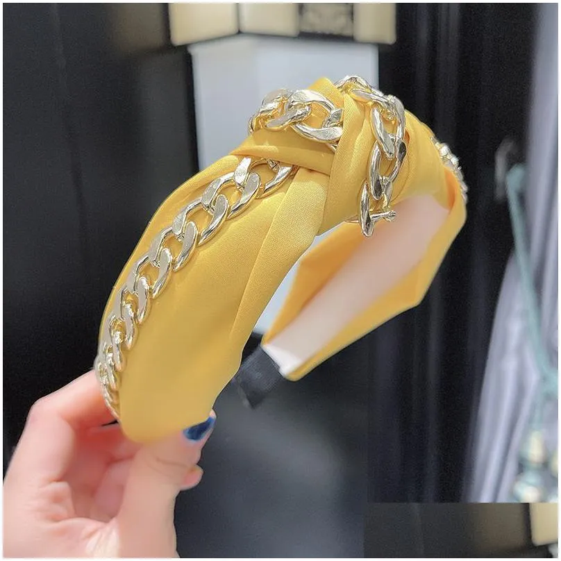 fashion women hairband with gold chain wide side headband soft turban casual hair accessories