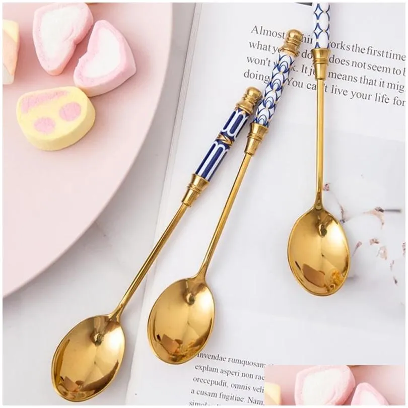 stainless steel coffee stirring spoon flatware ceramic long handle vacuum plating ice cream teaspoon gold-plated dessert spoon