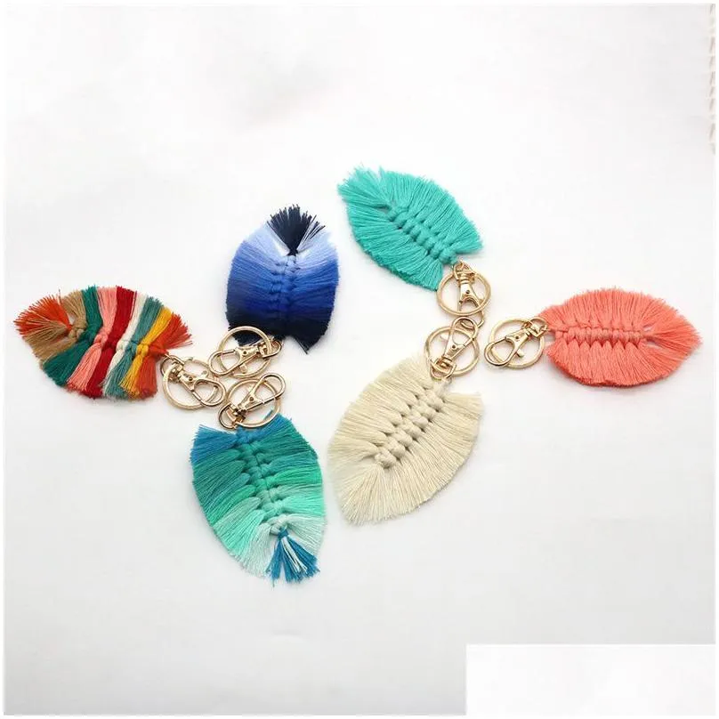 leaf weaving rainbow keychains for women boho handmade key holder keyring macrame bag charm car hanging jewelry