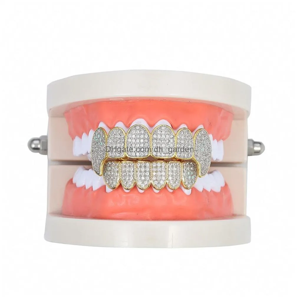 gold shiny iced out teeth grillz rhinestone top&bottom grills set hip hop jewelry