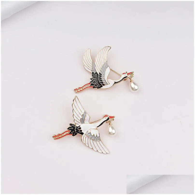 chinese style white crane bird brooches enamel pin shirt bag lapel pins badge vintage jewelry gift