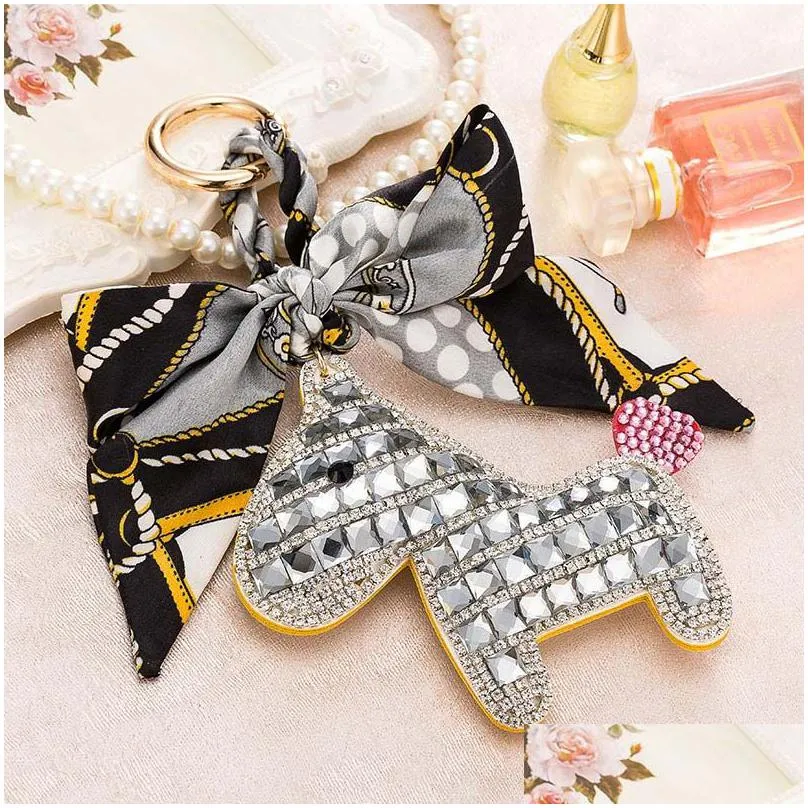 crystal little horse bowknot keychain women bag pendant charm silk scarves keyrings buckle key ring holder