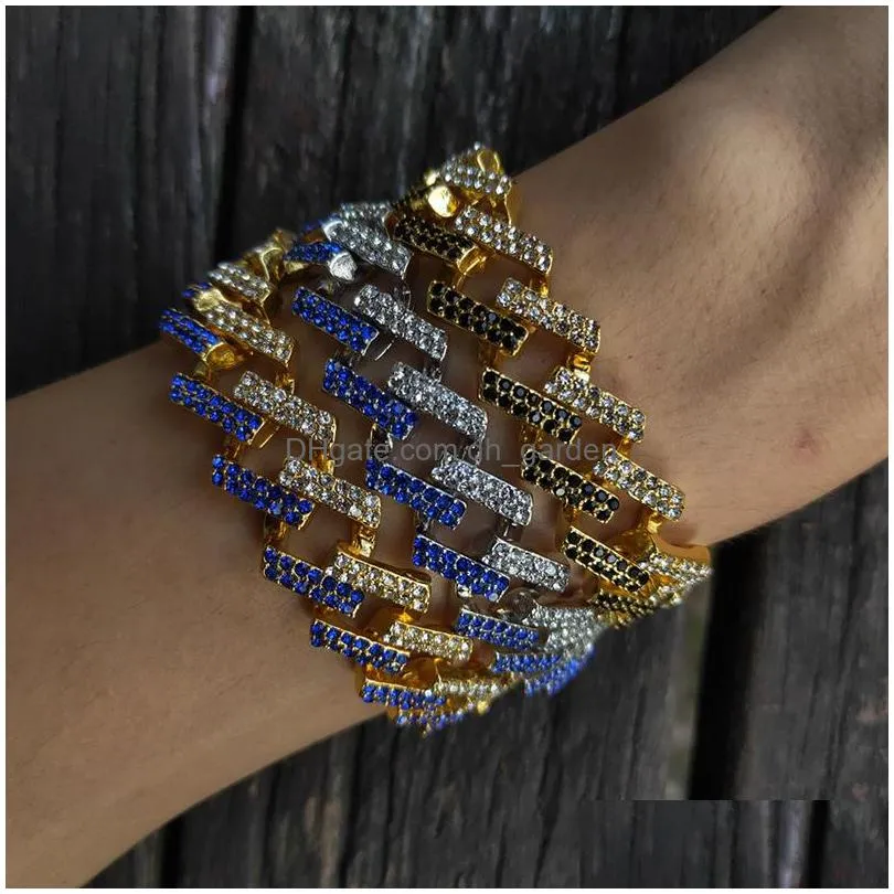 mens hip hop gold bracelets fashion iced out  cuban link chain black blue diamond bracelet jewelry 8inch