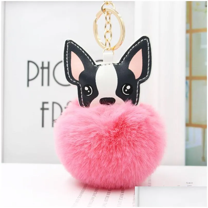 lovely pompom bulldog keychain fluffy rabbit fur ball dog charm leather keyring women bag car key ring