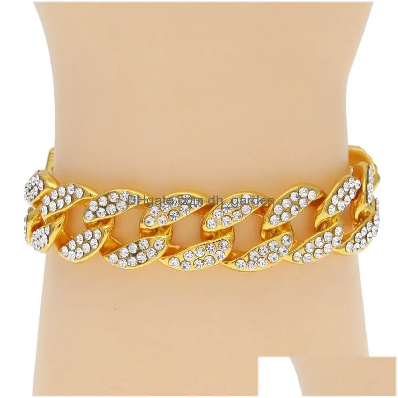 mens iced out gold bracelet silver cuban link chain bracelets fashion rhinestone hip hop jewelry
