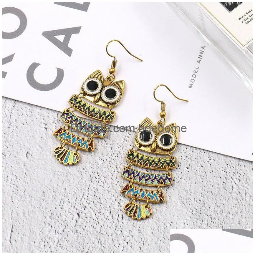 cartoon bird owl earrings ancient bronze enamel animal hook chandelier dangle earrings ear ring for women fashion jewelry will and