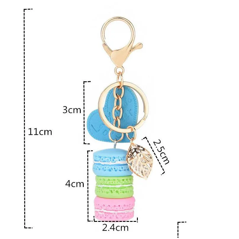 women new macaron cake keychain pu love alloy leaf keychains charm bag pendant key ring party gift jewelry