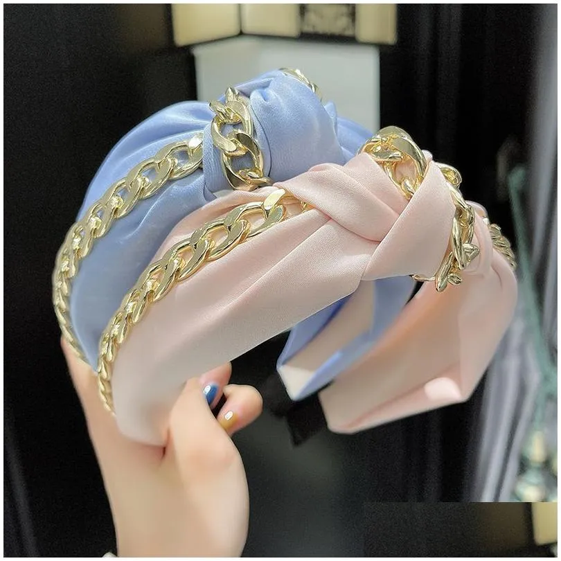 fashion women hairband with gold chain wide side headband soft turban casual hair accessories