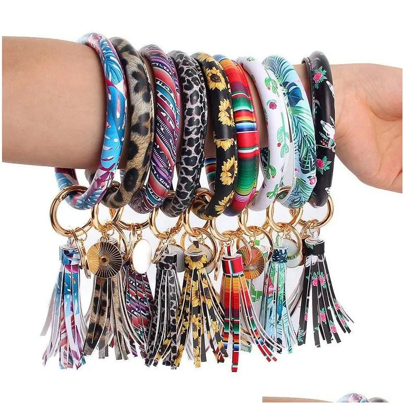 pu leather wristlet keychain bangle fashion bulb pendant large circle keyring tassel bracelet for women jewelry