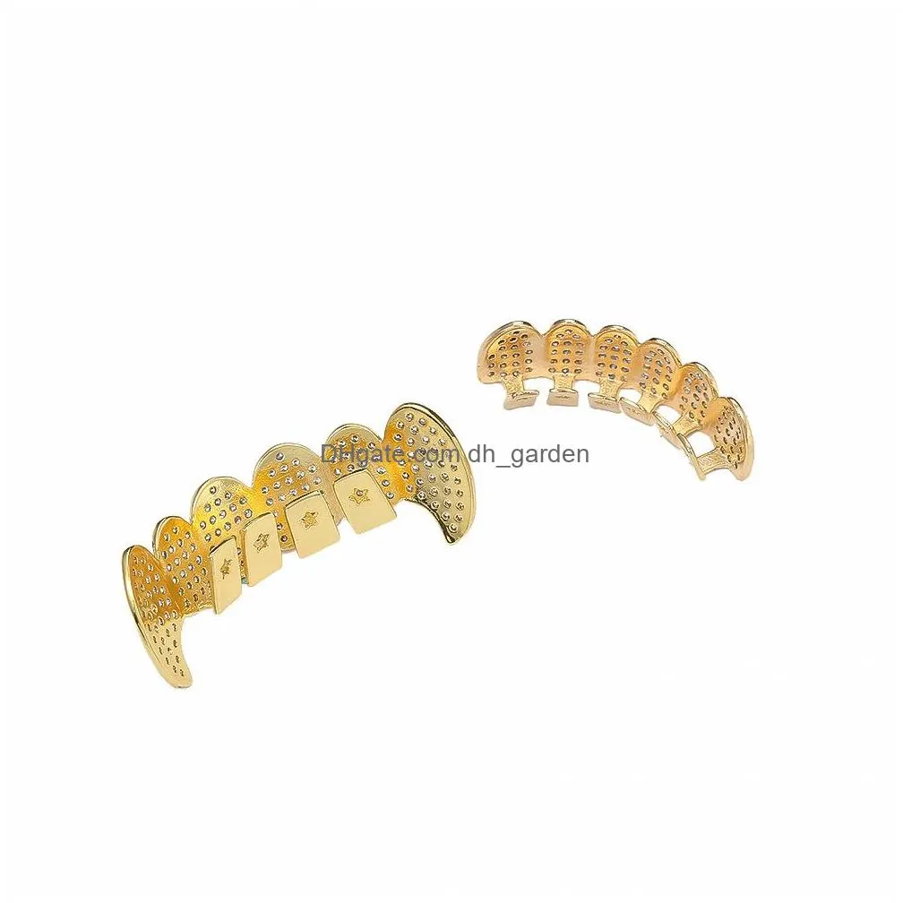 gold shiny iced out teeth grillz rhinestone top&bottom grills set hip hop jewelry