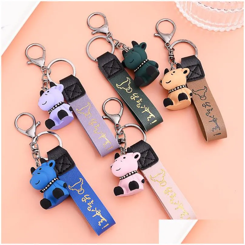 creative resin animal cow keychains personality cartoon cute car key chain ring bag pendant 5 stlyes