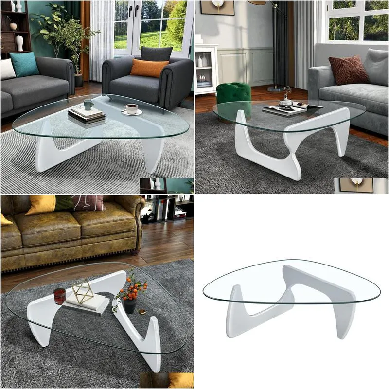 white coffee table triangle glass solid wood base