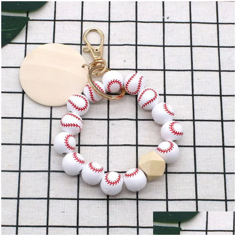 trendy design monogram disc wristlet keychain wooden beaded softball baseball print sport bracelet 6 colors