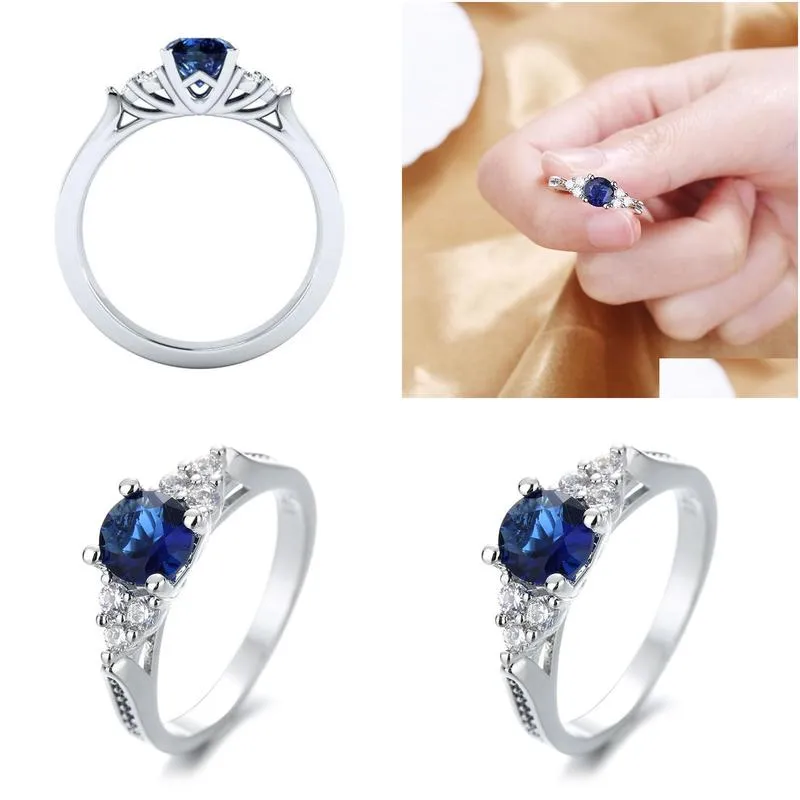 Fashion Big Blue Stone Ring Charm Jewelry Women CZ Wedding Promise Engagement Ladies Accessories Gifts