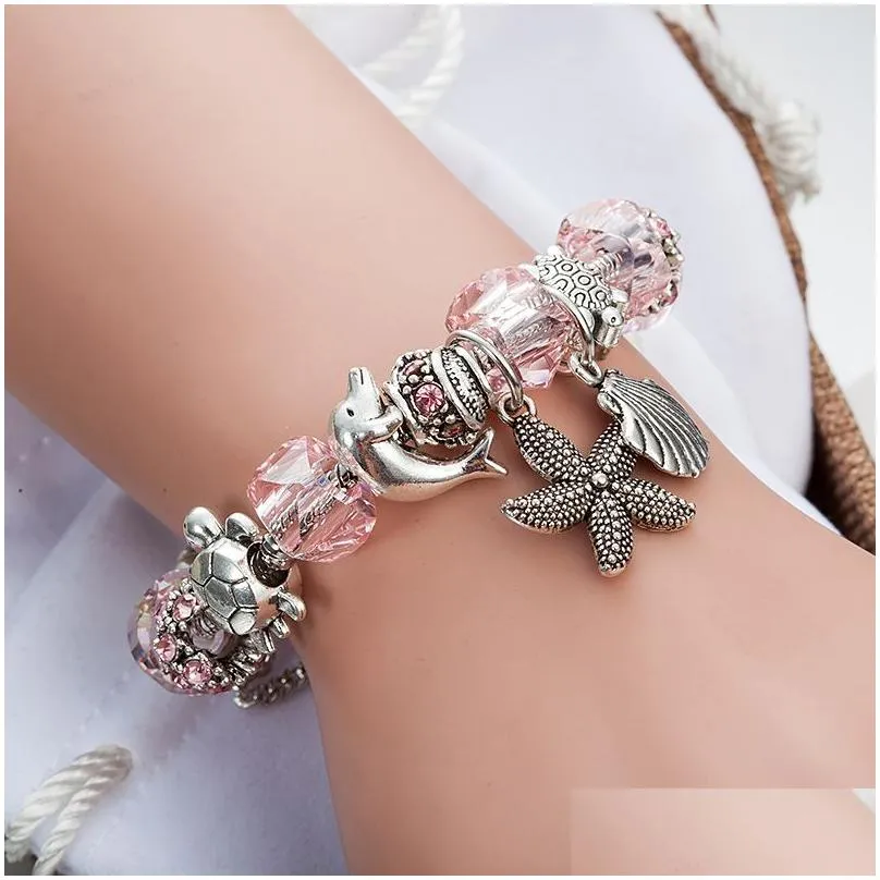 New Starfish Charm Bracelets Dropshipping Pink Blue Crystal Star Bead Bracelet Bangle for Women DIY Jewelry Gift