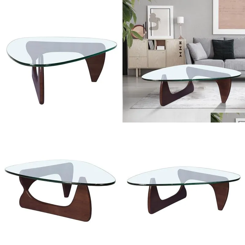 19mm dark walnut coffee table triangle glass solid wood base fit living room
